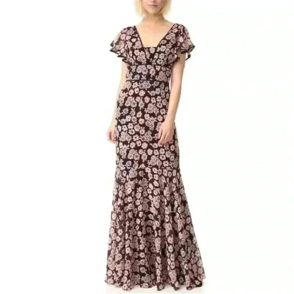 Milly Deni Floral Print Chiffon Maxi Dress Size 2 In Pink Wedding Formal Garden - Picture 1 of 13